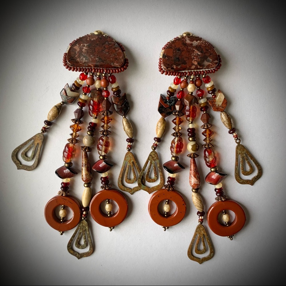 Vintage Chipita Red Jasper Beaded Shoulder Duster Earrings